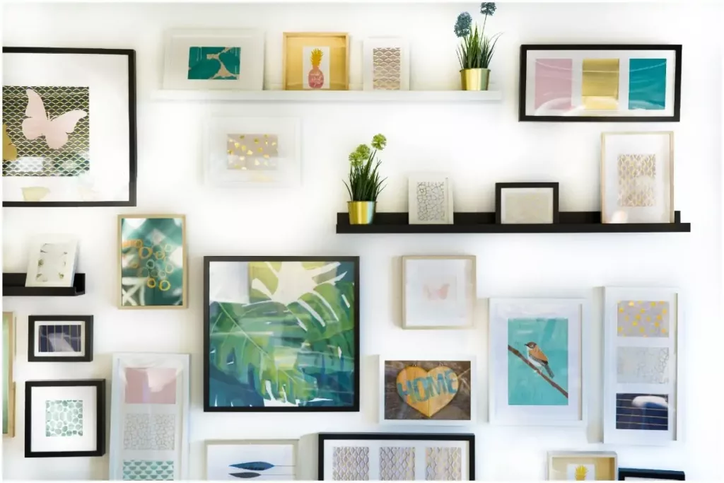 wall of coordinating art, pictures and decor 