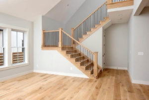 White oak staircase with black iron balusters